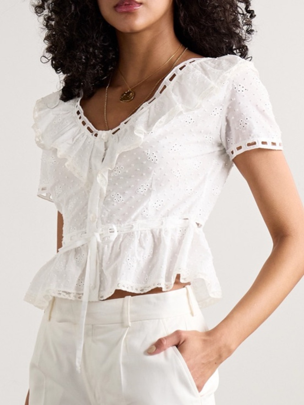 Loretta Caponi White Eyelet Ruffle Short Sleeve Peplum Top